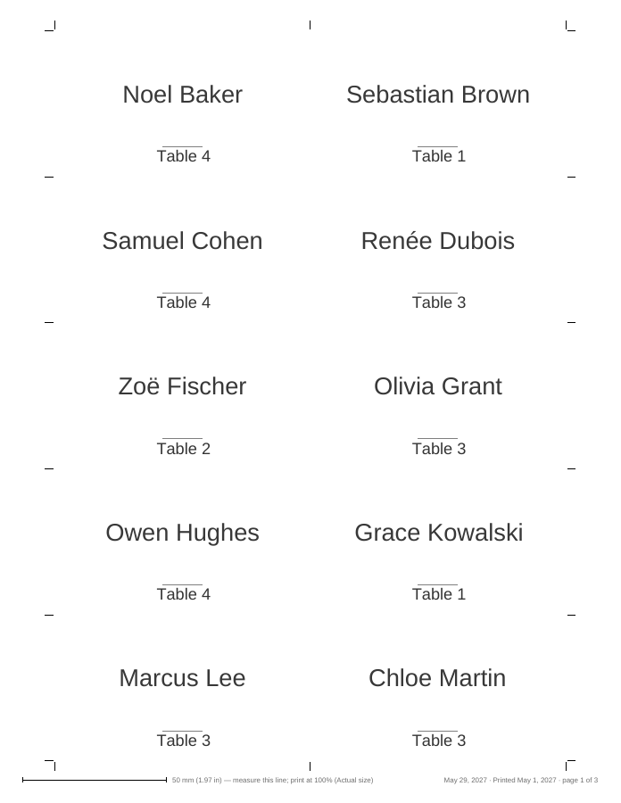 Sample page of escort cards: guest names and tables, with cut marks