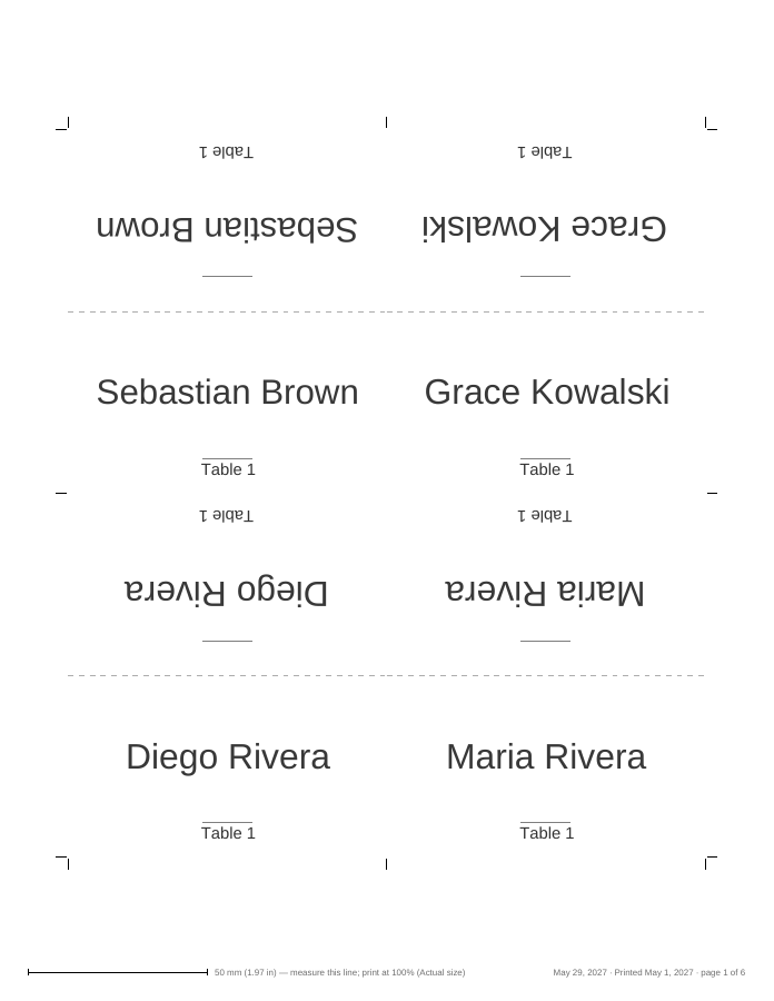 Sample place cards PDF, page 1: four fold-over tent cards, each with a guest’s name and table on both halves, one half upside down so it reads from both sides of the fold.