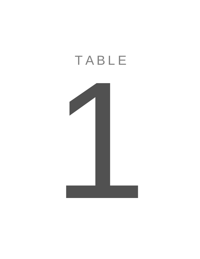 Sample table number page: the word “Table” above a large number 1